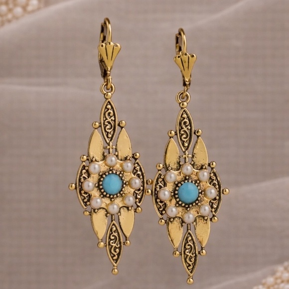Anthropologie Jewelry - Victorian Gold Filigree Drop Earrings with Turquoise & Pearl Accents